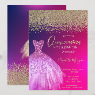 Invitation Diamants d'or, élégante robe chic Quinceañera