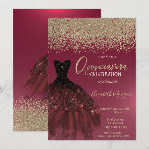 Invitation Diamants d'or, élégante robe Quinceanera rouge