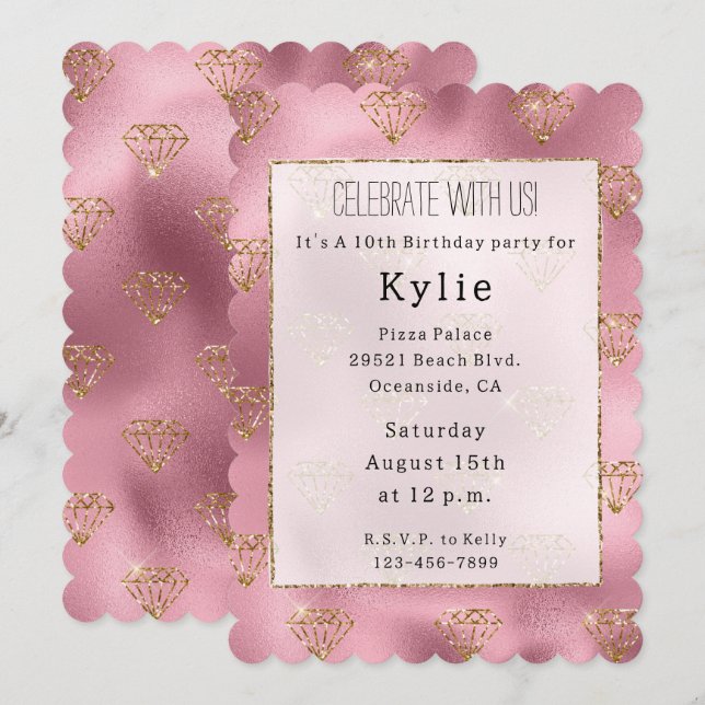 Invitation Diamants d'or en verre rose (Devant / Derrière)