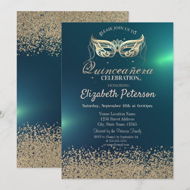 Invitation Diamants d'or Faux modernes, Masquerade Quinceañer (Devant / Derrière)