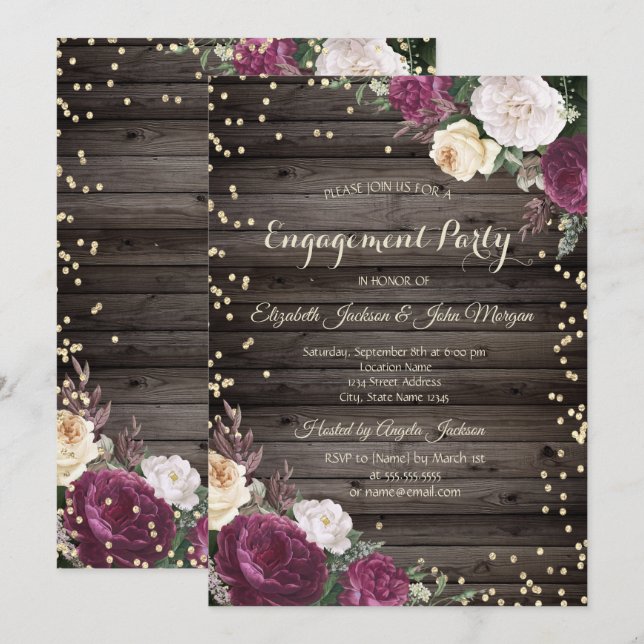 Invitation Diamants d'or Fleurs Bourgogne Bois (Devant / Derrière)