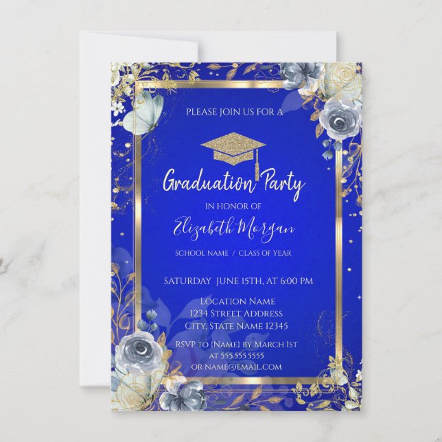 Invitation Diamants d'or Fragment Rose Papillons Royal Blue (Devant)