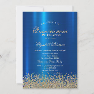 Invitation Diamants d'or moderne Quinceañera en métal bleu