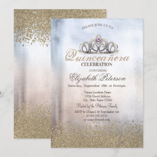 Invitation Diamants d'or moderne, Tiara Metallic Quinceañera