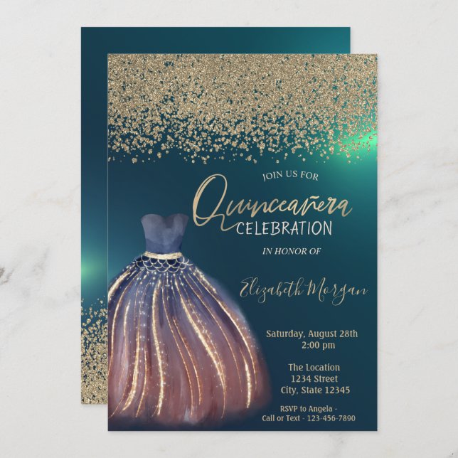 Invitation Diamants d'or, Robe Chic Verte Quinceañera (Devant / Derrière)