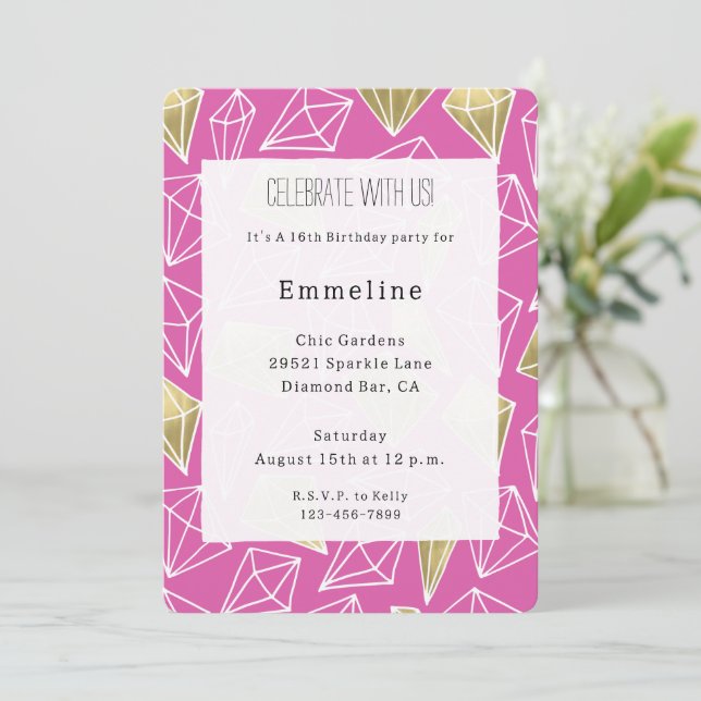 Invitation Diamants d'or rose Chic Anniversaire (Debout devant)