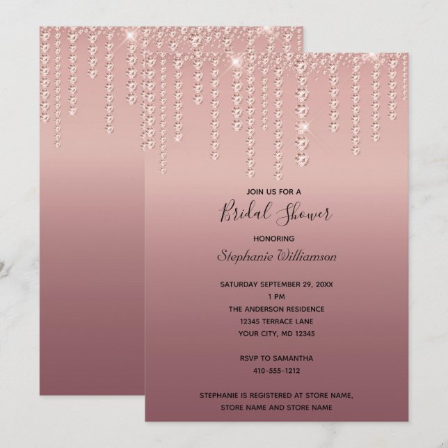 Invitation Diamants d'or rose goutte Fête des mariées tendanc (Devant / Derrière)