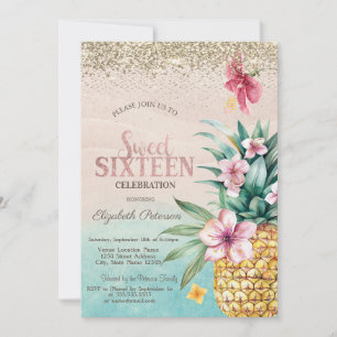 Invitation Diamants Dorés, Ananas Floral de Plage Douce 16