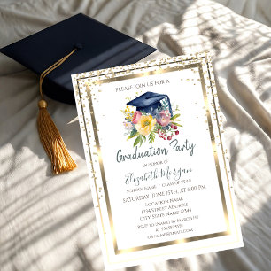 Invitation Diamants dorés, cadre, capuchon de graduation flor