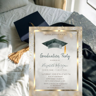 Invitation Diamants dorés, cadre, casquette de graduation dor