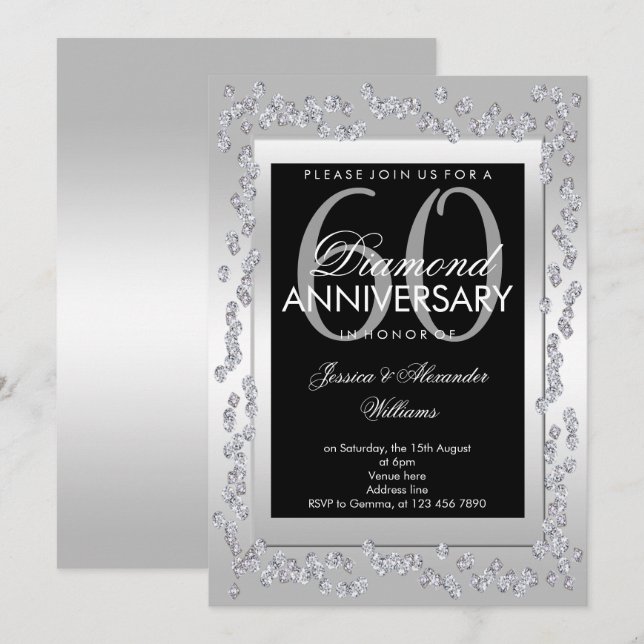 Invitation Diamants élégants Argent 60e anniversaire Mariage (Devant / Derrière)