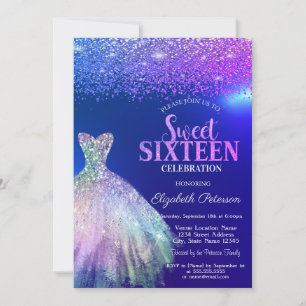 Invitation Diamants Élégants, Robe Bleue Douce 16 ans