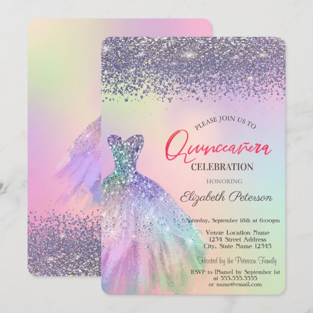 Invitation Diamants Élégants, Robe Holographique Quinceañera (Devant / Derrière)