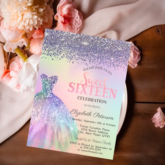 Invitation Diamants élégants, Robe Holographique Sweet 16 (Créateur téléchargé)