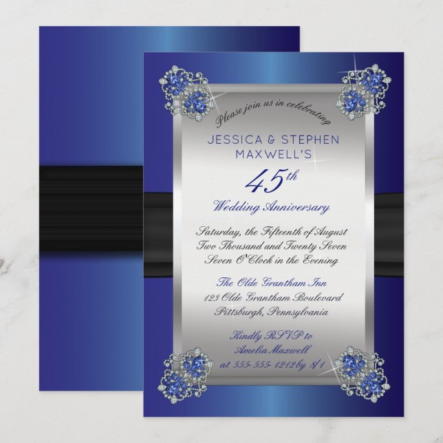 Invitation Diamants élégants Saphirs Bleus 45e Anniversaire (Devant / Derrière)