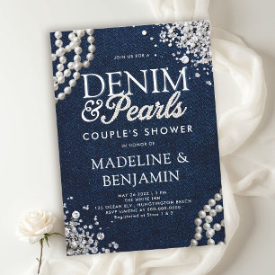 Invitation Diamants en Denim Perles Couple Blue Shower Blanc