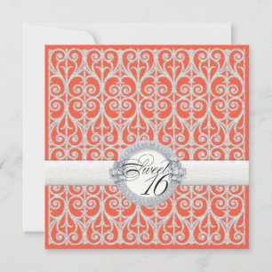 Invitation Diamants et dentelle de corail et d'argent, Sweet 