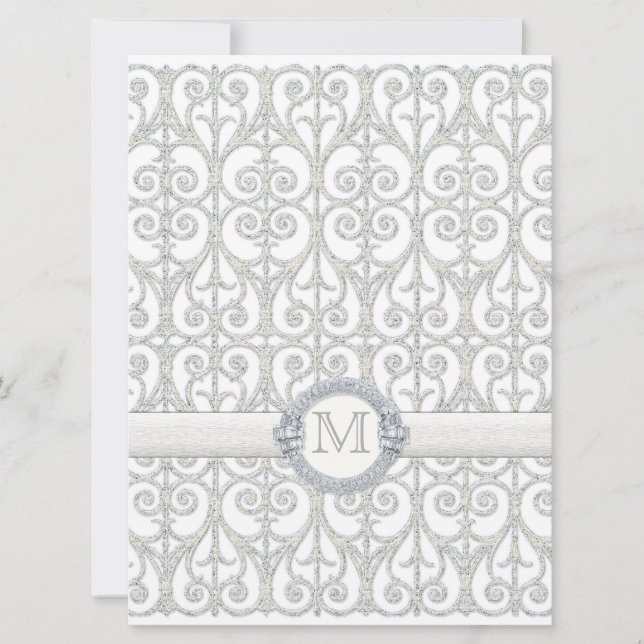 Invitation Diamants et dentelle imprimés Faux, Mariage monogr (Devant)