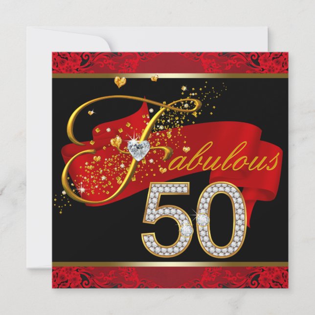 Invitation Diamants et or Rouge Fabuleux 50e anniversaire fêt (Devant)
