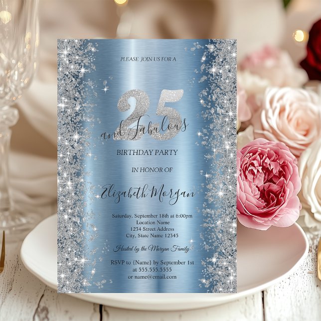Invitation Diamants étincelants d'argent bleu 25e anniversair (Créateur téléchargé)