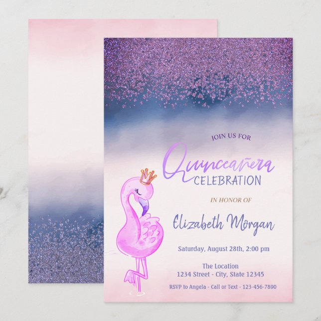 Invitation Diamants, Flamant rose rose Ombre Quinceañera (Devant / Derrière)