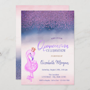 Invitation Diamants, Flamant rose rose Ombre Quinceañera