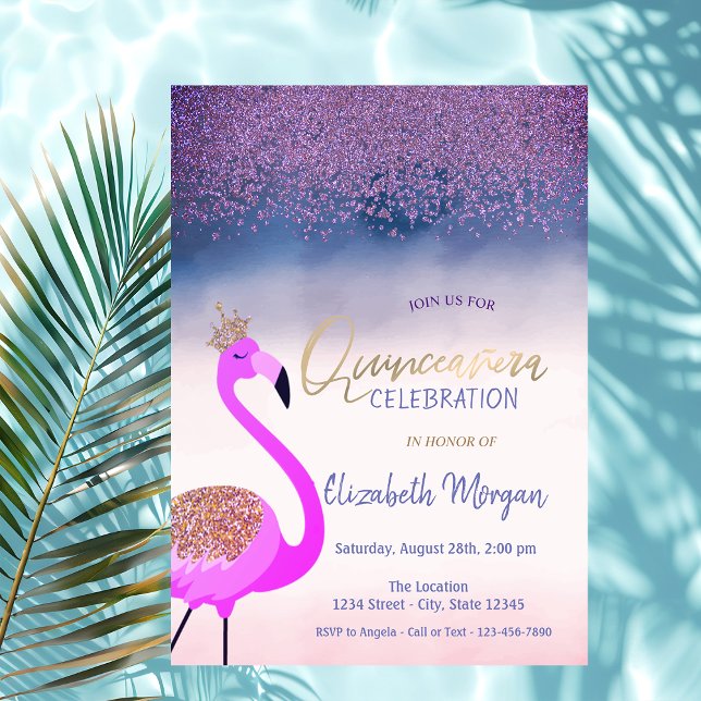 Invitation Diamants, Flamant rose rose Ombre Quinceañera (Créateur téléchargé)