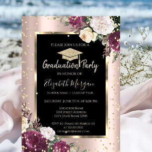 Invitation Diamants Fleurs Bourgogne Or Rose Remise des diplô
