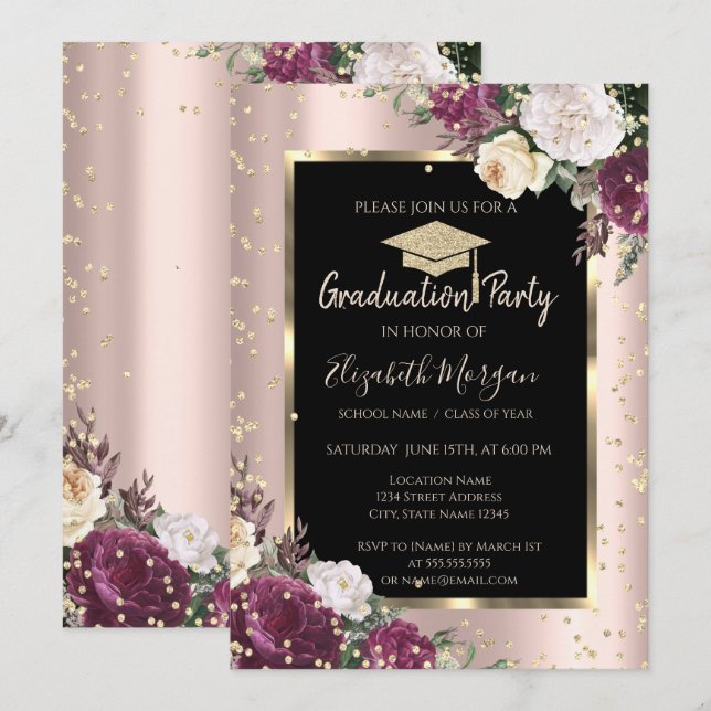 Invitation Diamants Fleurs Bourgogne Rose Gold Graduation (Devant / Derrière)