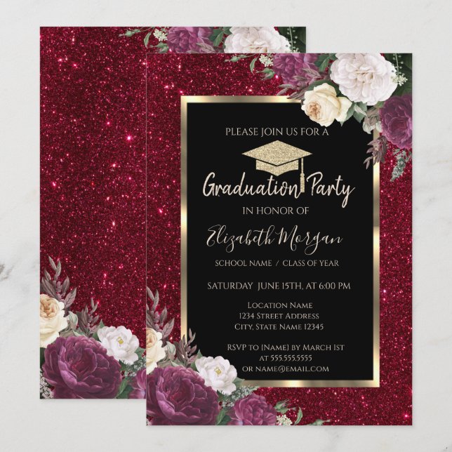 Invitation Diamants Fleurs Bourgogne Rouge Parties scintillan (Devant / Derrière)