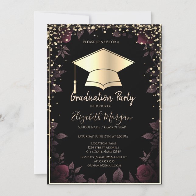 Invitation Diamants Gold Grad Casquette Dark Red Roses Gradua (Devant)