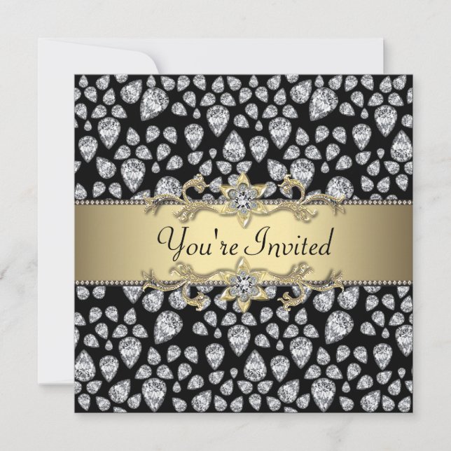Invitation Diamants Or Noir Fête Toutes Occasions (Devant)