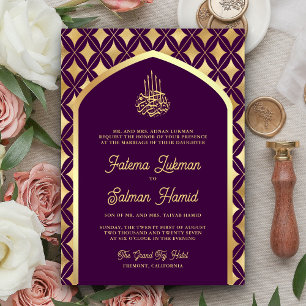 Invitation Diamants Or Pourpre Arche Mariage Musulman