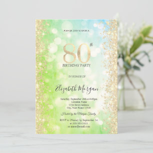 Invitation Diamants Or Vert Bleu Bokeh 80e Anniversaire