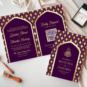Invitation Diamants Or Violet Code QR Arch Musulman Mariage