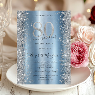 Invitation Diamants Pailletés Argentés Bleu 80e Anniversaire