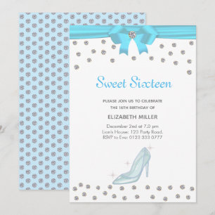 Invitation Diamants Pailletés Chic Sweet Sixteen sur Fond Bla