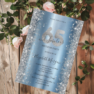 Invitation Diamants Paillettes d'Argent Bleu 65e Anniversaire