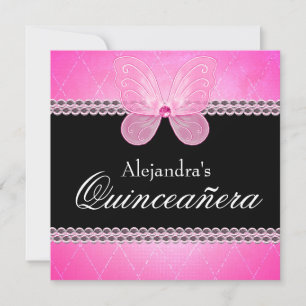 Invitation Diamants papillon Quinceanera rose