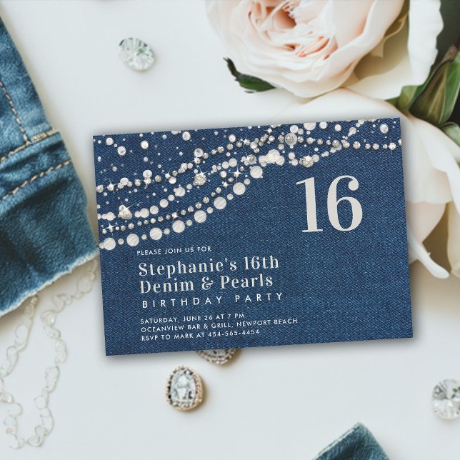 Invitation Diamants Perles Denim élégant classique chic doux  (denim diamonds pearls sweet 16 birthday party invitation modern contemporary classy elegant chic)