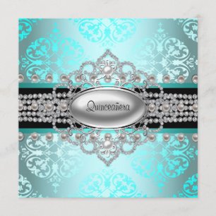 Invitation Diamants Perles Quinceanera Bleu Canard