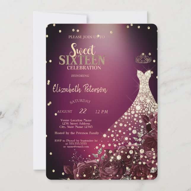 Invitation Diamants, Robe, Bourgogne Rose Sweet 16 (Devant)