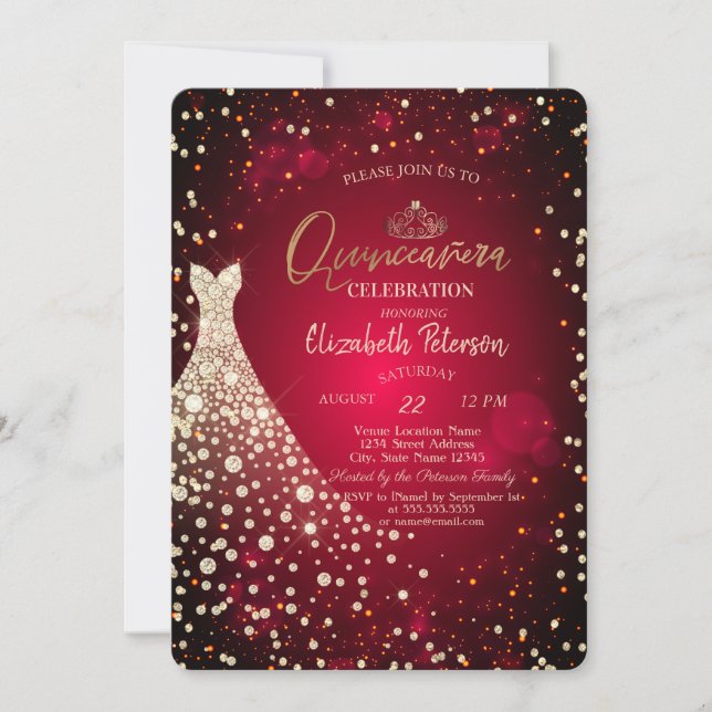 Invitation Diamants, Robe, Quinceañera rouge (Devant)