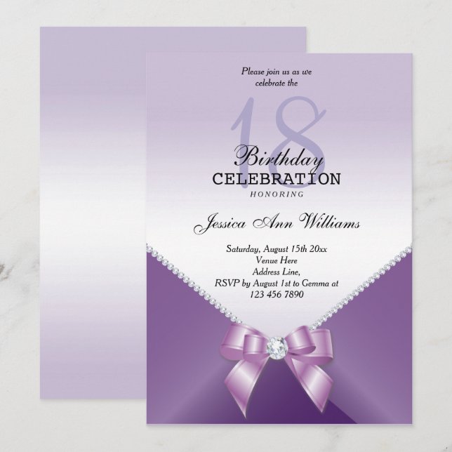Invitation Diamants romantiques et Bow Anniversaire (Devant / Derrière)