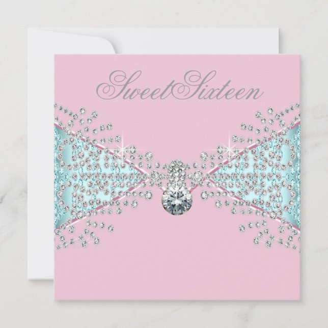 Invitation Diamants rose Turquoise Sweet sixteen bleu Anniver (Devant)