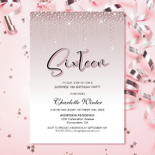 Invitation Diamants roses glamour Surprise 16e anniversaire