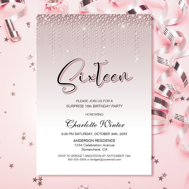 Invitation Diamants roses glamour Surprise 16e anniversaire (Créateur téléchargé)