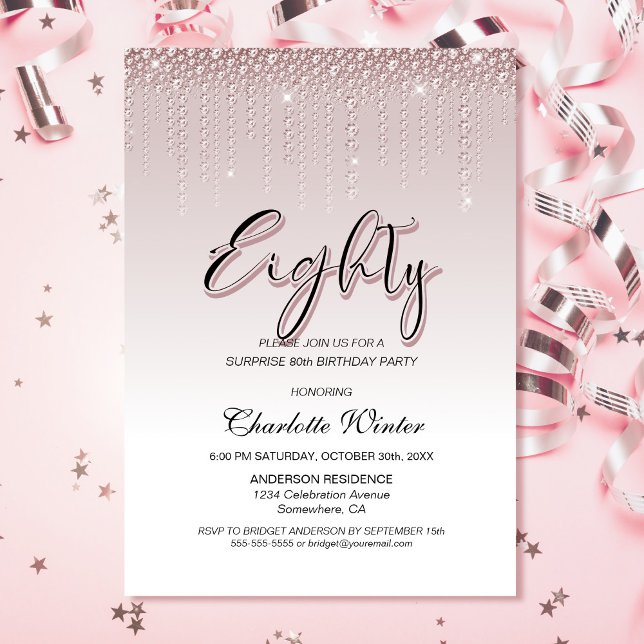 Invitation Diamants roses glamour Surprise 80e anniversaire (Créateur téléchargé)