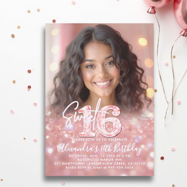 Invitation Diamants roses Rose Gold Chic Photo Sweet 16 (sweet sixteen invitation 16th birthday rose gold blush pink diamonds photo template elegant teen)
