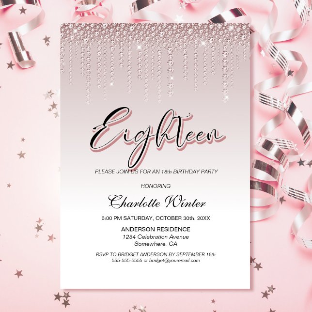 Invitation Diamants roses Roses, Dusty et glamour 18e anniver (Créateur téléchargé)